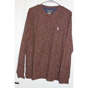 US Polo Assn Shirt Long Sleeve Henley Heathered Rusty Brown Cotton Mens L